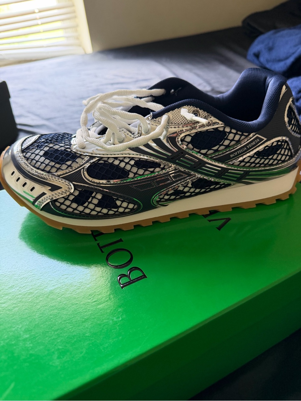 Bottega Veneta Navy, White & Green Mesh Runner Sneaker